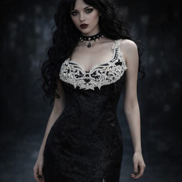 Scott McClintock Dresses & Skirts - Vtg Y2K Scott McClintock Damask Lace Pearl Dress 6 Gothic Romantic Prom Glam USA